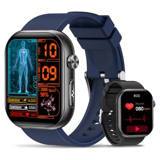 whraills smartwatch uomo con ecg, hrv, pressione sanguigna, 1,97 amoled, blu | 24h monitoraggio cardiofrequenzimetro, spo2, sonno, bmi, temperatura, mikro-controllo rapido della salute, ip68