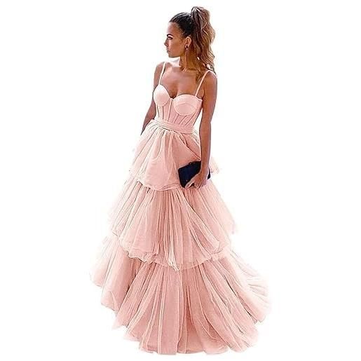 Generic abiti da ballo in tulle con ruches, fiocco lungo, spalline sottili, abiti da festa, linea svasata, corsetto, abito da sera formale a strati