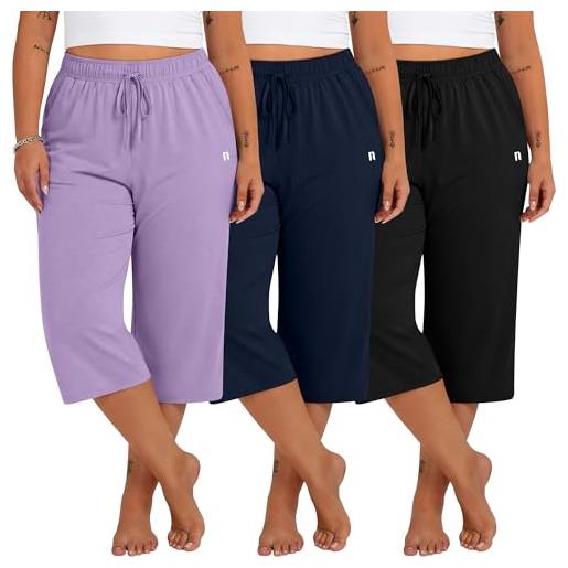 Neer confezione da 3 pantaloni capri da donna, taglie forti, a gamba larga, casual, con coulisse, pantaloni della tuta con coulisse e tasche, 5xl