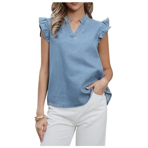 Allegra K canotta in denim da donna graziosa camicetta casual in jeans con scollo a v e maniche a volant