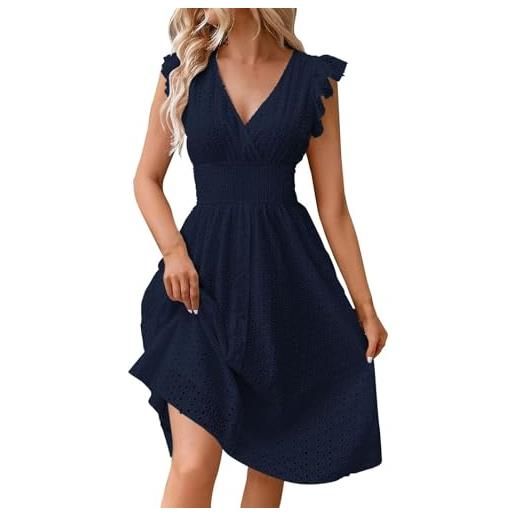 Generisch vestito midi da donna, tinta unita, con scollo a v, maniche corte e frange, sciancrato e leggero, elegante abito estivo lungo al ginocchio, sottile, alla moda per le vacanze