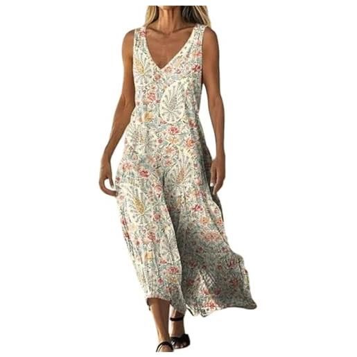 Generico abito cotone e lino donna estivo lungo vintage scollo a v vestiti boho chic a-line abiti elegante maxi prendisole senza maniche ampie taglie forti mare vacanza traspirante confortevole (a32, xxl)