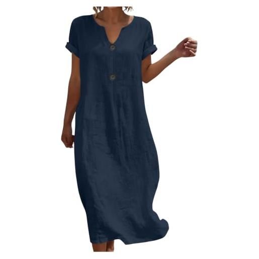 Generico abito coton lin per donna, vestiti estivi v-neck bottoni davanti, maniche corte maxi, lungo casual per spiaggia vacanze