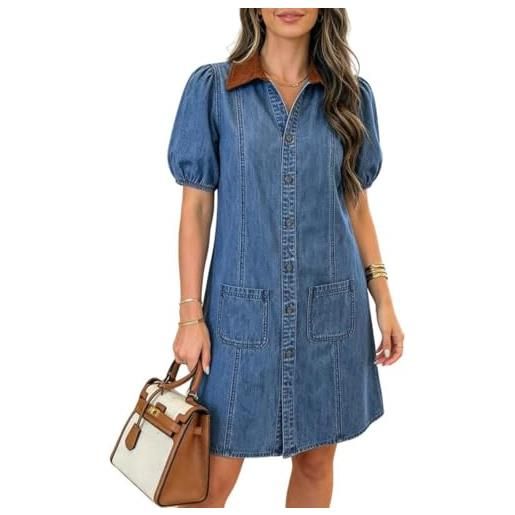Suncadmious abito midi in denim con colletto e bottoni per donna - moda estiva con maniche corte a palloncino elegante abito camicia in denim da lavoro con tasche (blu, s)