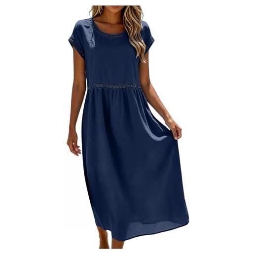 Generico abito lino donna abito estivo a maniche a 3/4 vacanza comodo taglie forti vestito lungo in cotone scollo a v largo vestiti da spiaggia vestito boho chic ideale per vacanze, lavoro e uso quotidiano