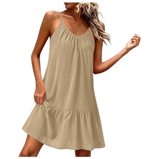 Generic abiti da donna senza maniche in lino estivi plissettati con spalline sottili scollo a v punto smock orlo increspato abito lunghezza al ginocchio da donna boho casual slim fit fluente schiena scoperta