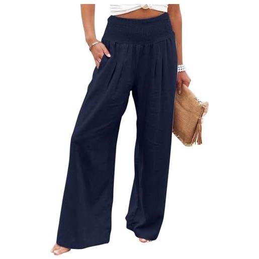 SHEKINI pantaloni lino donna estivi pantalone gamba larga con tasche pantaloni lunghi da spiaggia a vita alta eleganti comodi casual pants pantalone donna
