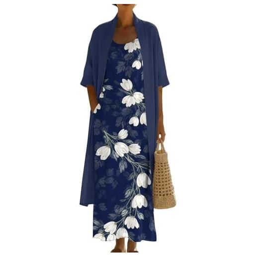 Generico completo donna elegante - taglie forti set vestito e cardigan coordinato abito estivo spolverino boho vintage cotone e lino leggero fresco cerimonia matrimonio vacanza abiti lunghi