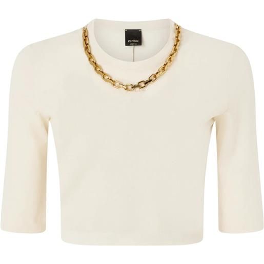 Pinko maglia donna cropped a costine con catena, avorio