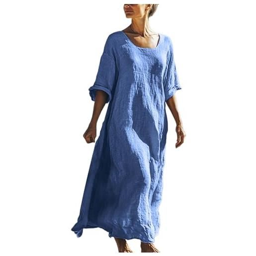 HAOLEI vestito donna lungo in cotone e lino caftano boho abito ampio casual moda manica lunga scollo a v vestito estivo taglie forti eleganti abiti al ginocchio larghe da spiaggia fresco vacanza