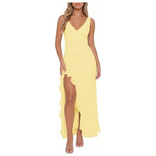 Xiaoliny vestito donna elegante senza maniche scollo a v maxi abito con volant e spacco estivo vestiti lungo in rete sexy aderente abiti schiena scoperta per cerimonia casual festa matrimonio