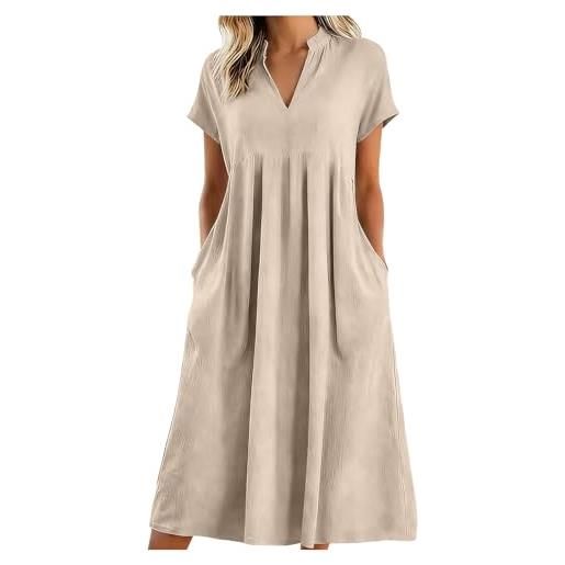 Generico abito lino donna 2026 vestiti tinta unita morbido e traspiranti scollo a v largo vestiti da spiaggia abito estivo a maniche a 3/4 boho chic traforato abiti vacanza comodo per mare spiaggia vacanza