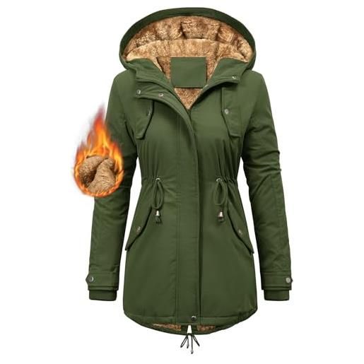 CMTOP cappotto donna invernale con cappuccio foderati giacca antivento in pile termici elegante giubbotto lungo spessa parka cappotto imbottito casual con tasche e coulisse(verde militare, s)