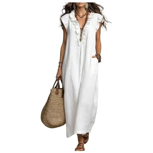 Generic maxi abito estivo da donna in lino — casual, comodo e fluido — scollo a v con volant, senza maniche, vestibilità ampia, con tasche (white, l)
