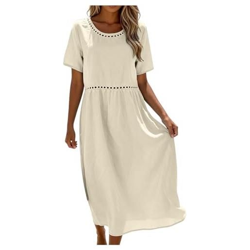 Generico abito lino donna 2026 abito estivo a maniche a 3/4 boho chic traforato abiti vacanza comodo scollo a v largo vestiti da spiaggia vestiti tinta unita morbido e traspiranti per mare spiaggia vacanza
