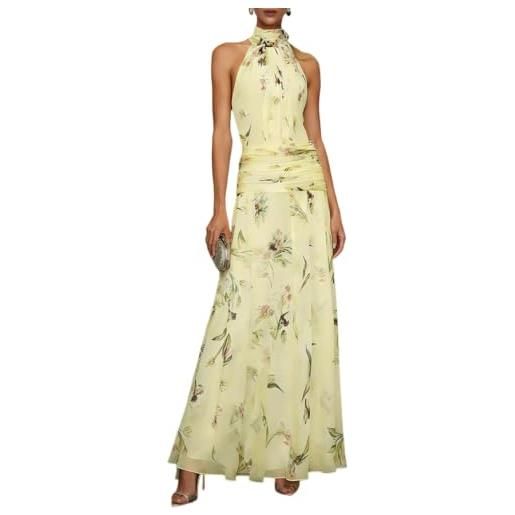 Generic abito lungo da donna in chiffon floreale con scollo all'americana, senza maniche, a vita alta, con cintura, linea ad a pieghe, aderente, ideale per vacanze, matrimoni e occasioni speciali. 
