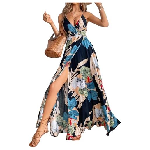JENJON vestito donna elegante stampa floreale maxi abito da spiaggia estivi senza maniche vestiti con scollo a v per casual vacanza nero m