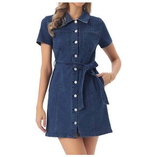 Allegra K donna abito denim bottoni maniche corte cintura | tessuto in denim resistente e traspirante, vestibilità regolare. Perfetto per tutti i giorni. Abbinabile a stivali o sandali. 