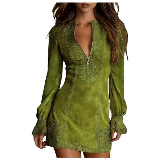 Generic mini abito da donna in pelle scamosciata, con scollo a v, con cerniera, maniche lunghe, con bordo in pizzo, stile vintage, stile western, cow