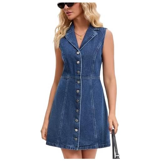 CIMUK donna abito corto in denim senza maniche | colletto a lancia bottoni scollo a v a trapezio abiti estivi in denim