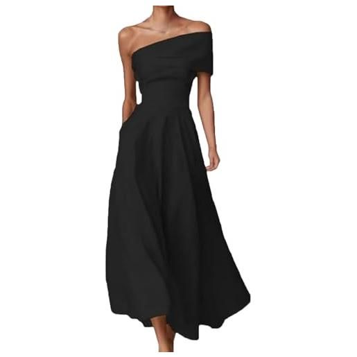 Generic abito da donna giallo in lino con scollatura monospalla e vita aderente - elegante modello scollato sulla schiena a linea a, ideale per cerimonie e feste