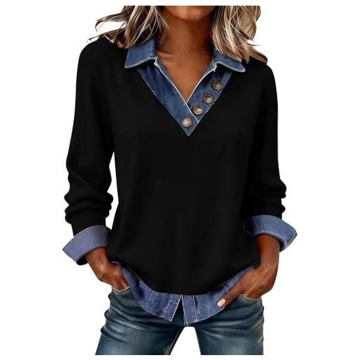 KBOPLEMQ maglia a maniche lunghe da donna, in denim, patchwork, abbottonatura, con risvolto, casual, a maniche lunghe, elegante, da donna, in tessuto a contrasto, con bottoni
