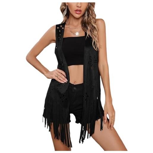 Kouoybt gilet da donna con nappa, stile hippie, senza maniche, con rivetti, in finta pelle scamosciata, con frange occidentali, aperto sul davanti, cardigan, b-nero, l