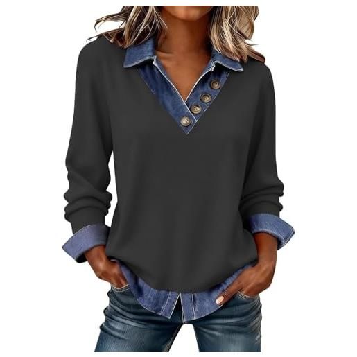 KBOPLEMQ maglia a maniche lunghe da donna, in denim, patchwork, abbottonatura, con risvolto, casual, a maniche lunghe, elegante, da donna, in tessuto a contrasto, con bottoni