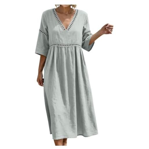 Generic vestito donna estivo abito da donna, abito midi leggero e fresco in mussola, in lino morbido, con scollo a v e maniche corte con bottoni, tunica ampio arioso, midi semplice, (a6-light gray, xl)