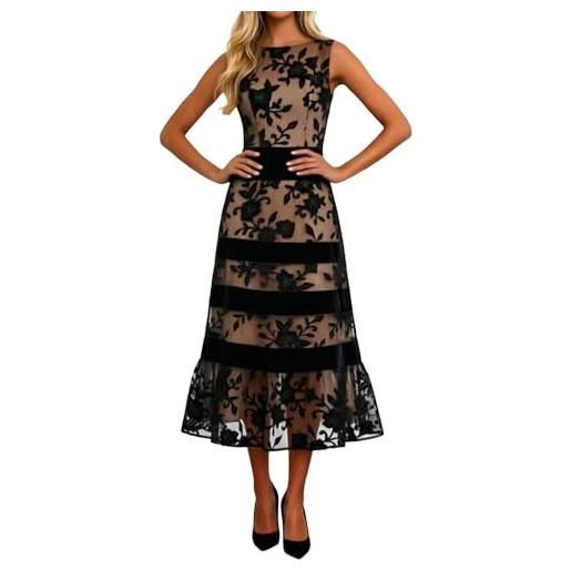 Duohropke vestito midi da donna, estivo, morbido, senza maniche, per il tempo libero, in tulle, sciancrato, linea ad a, vita alta, tinta unita, elegante, con ricamo floreale