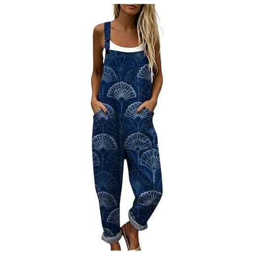 Udbeksid salopette donna estiva in cotone lino - tuta intera elegante boho chic tuta stampa pantaloni baggy gamba larga ample jumpsuit curvy con tasche comoda per mare e vacanze spiaggia