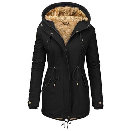 Vancavoo parka invernale donna foderato con cappuccio, esterno in cotone | cappotto giubbotto vita regolabile, polsini a coste, chiusura con zip e bottoni, tasche laterali oblique