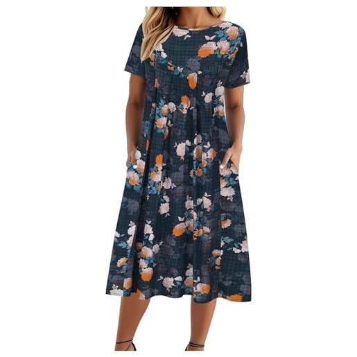 Masrin abito da donna retrò con motivo floreale, scollo rotondo, a maniche corte, oversize, largo, estivo, per il tempo libero, in cotone, linea ad a, con tasche