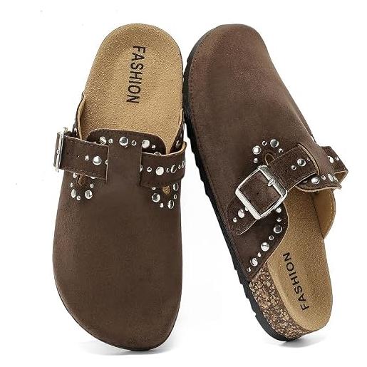 Yenxapei sabot uomo scamosciata, rivetti zoccoli donna, sughero pantofole unisex | ciabatte con fibbia regolabile, semichiusi sandali in pelle, punta chiusa scarpe comode