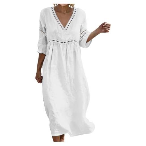 Generico vestito donna estivo abiti lunghi estivi donna maniche a 3/4 vestito in lino scollo maniche corte leggero abito traforato vestitini leggera traspirante per mare spiaggia vacanza