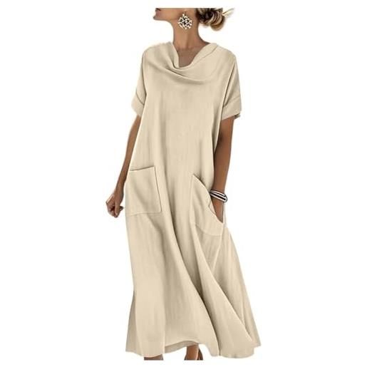 Generico vestito lungo estivo donna maniche corte in cotone lino con scollo a drappeggio ampio e tasche vestiti casaul leggero abito elegante curvy comodi tinta unita per casa spiaggia viaggio vacanze, 