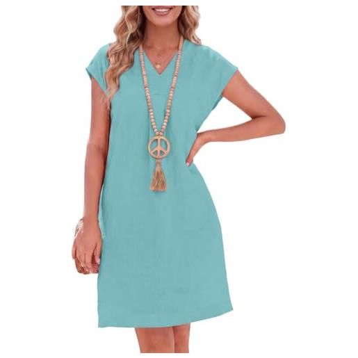 Yutila abito estivo da donna in lino, con scollo a v, 100% lino, leggero, con tasche laterali