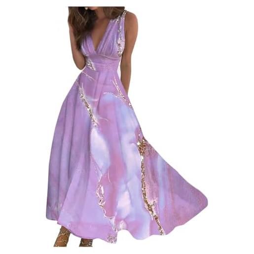 Generisch maxi abito estivo da donna, elegante, lungo, svasato, scollo a v, vita alta, sciancrato, con maniche, abito estivo lungo, stile bohémien