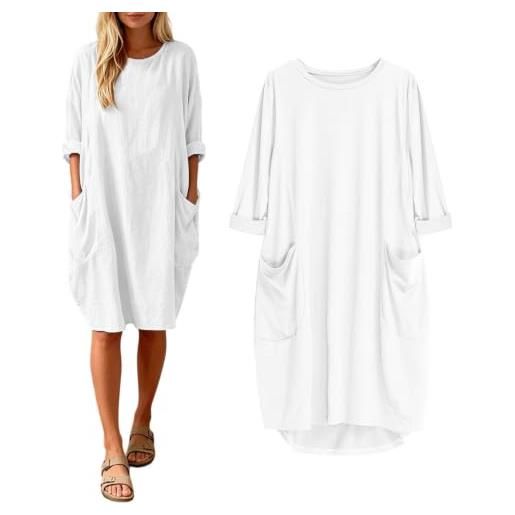 Generico abito donna oversize con tasche e maniche arrotolate, tunica estiva girocollo in morbido cotone, vestito casual per casa, relax e spiaggia, taglie s-5xl