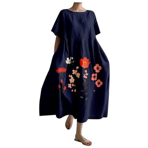 Generic vestiti estivi donna lino moda casual larghi bohemia vintage vestito stampa floreale manica corta leggero elegante taglie forti abiti traspiranti morbido vacanza quotidiano spiaggia