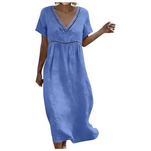 Generico vestito donna estivo abiti lunghi estivi donna maniche a 3/4 vestito in lino scollo maniche corte leggero abito traforato vestitini leggera traspirante per mare spiaggia vacanza