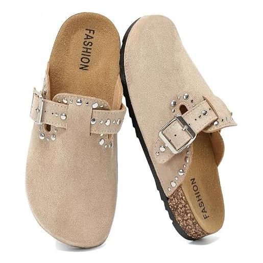 Yenxapei sabot uomo scamosciata, rivetti zoccoli donna, sughero pantofole unisex | ciabatte con fibbia regolabile, semichiusi sandali in pelle, punta chiusa scarpe comode