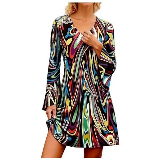Generisch costume hippie da donna, anni '70, stile hippie, retrò, scollo a v, con maniche svasate, colorato, lunghezza al ginocchio, stampa floreale, abito estivo traspirante, abito da spiaggia per feste