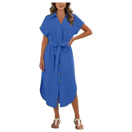 DeHolifer abito lunga da donna in cotone e lino vestiti estivi a maniche corte abiti colletto risvoltato vestito bottone singolo gonna con cintura abito larghi comodi vestiti eleganti casual dress