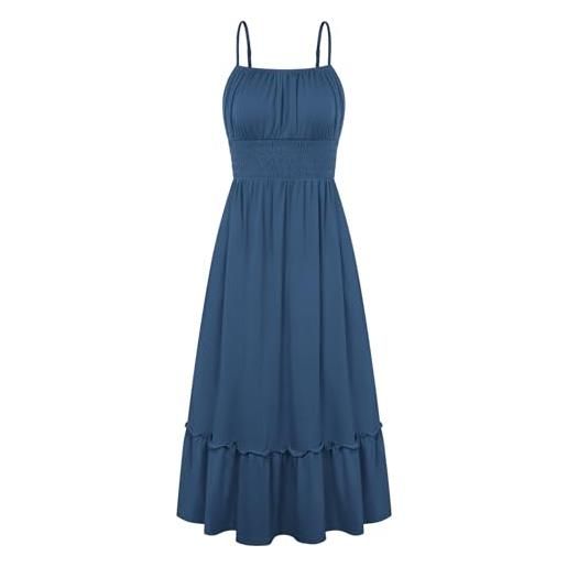 Grace karin maxi abito estivo da donna, casual, senza maniche, con spalline sottili e punto smock, con volant, linea a, da spiaggia, con tasche