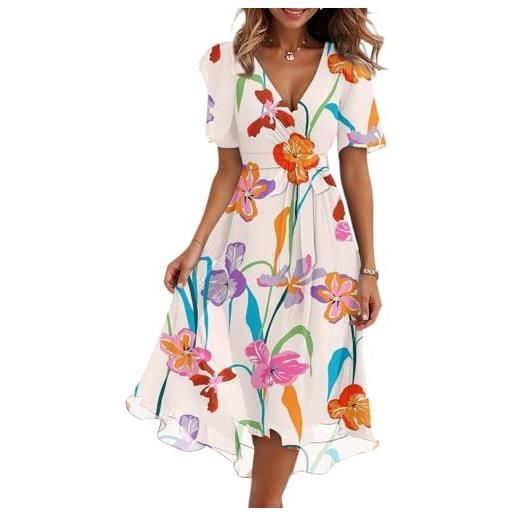 LUNULE abito da donne elegante con stampa floreale scollo a v maniche corte modello midi ampio a trapezio abito da spiaggia bohémien leggero e svolazzante con volant, vestito bianco donna elegante