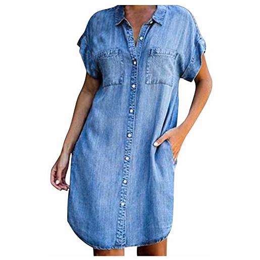 WOXIHUAN vestito jeans elegante donna a manica corta tinta unita abito donna jeans denim leggero mini abiti da cerimonia donna elegante bohemien vestito donna estivo casual abito camicia elegante casual
