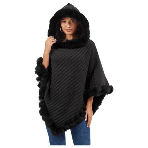 Rayson poncho donna invernale elegante mantella in maglia con cappuccio peloso caldo poncho con morbido coprispalle pelliccia