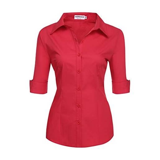 Hotouch camicetta da donna con manica a 3/4 camicia con cotone camicetta | scollo a v | base | slim fit | knop bar tops | business camicie | xs-xxl