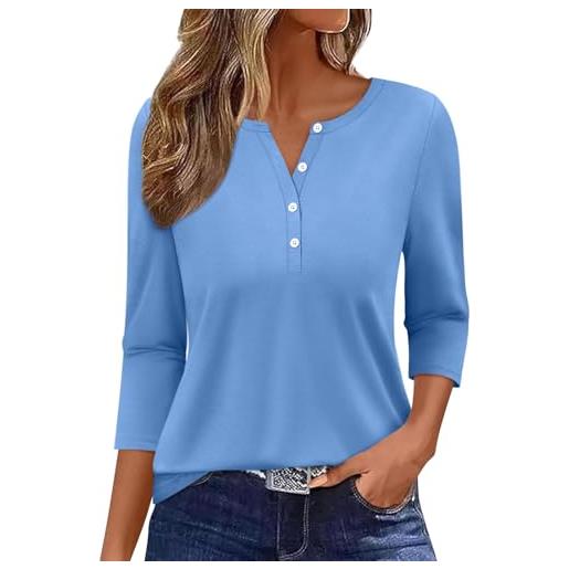 Onsoyours maglietta donna manica a 3/4 scollo a v bottoni tshirt estiva maglia a maniche tre quarti casual top basic t-shirt